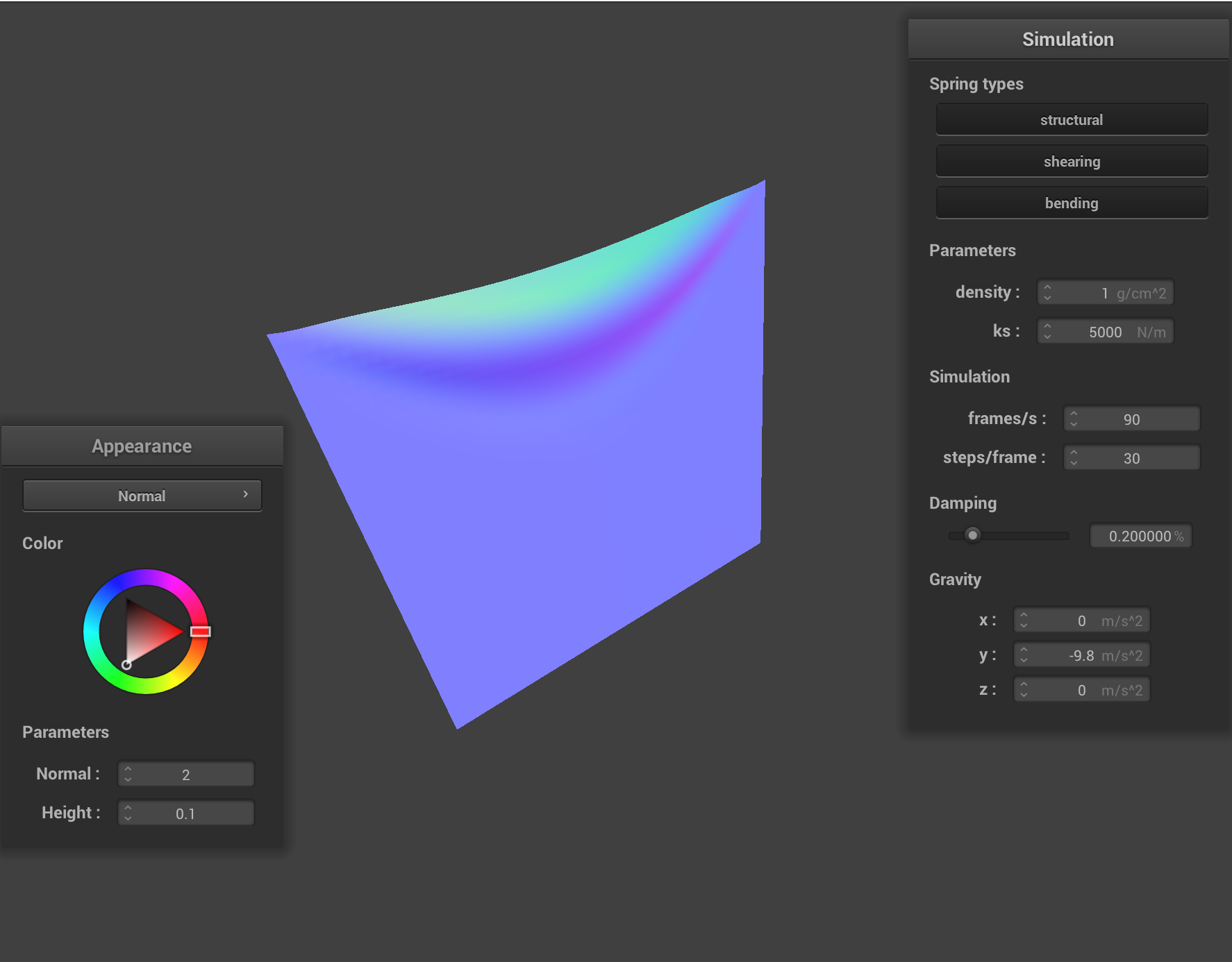 The cloth's final position with density = 1. Normal shading enabled. The cloth's final position with density = 1. Normal shading enabled.